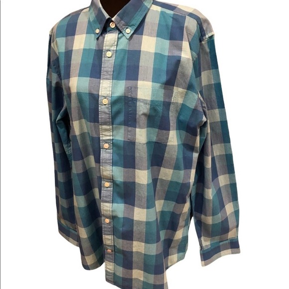 Gap Men's Button Down Shirt Large Checkered Pattern Plaid Blue Cream Green - Picture 1 of 6